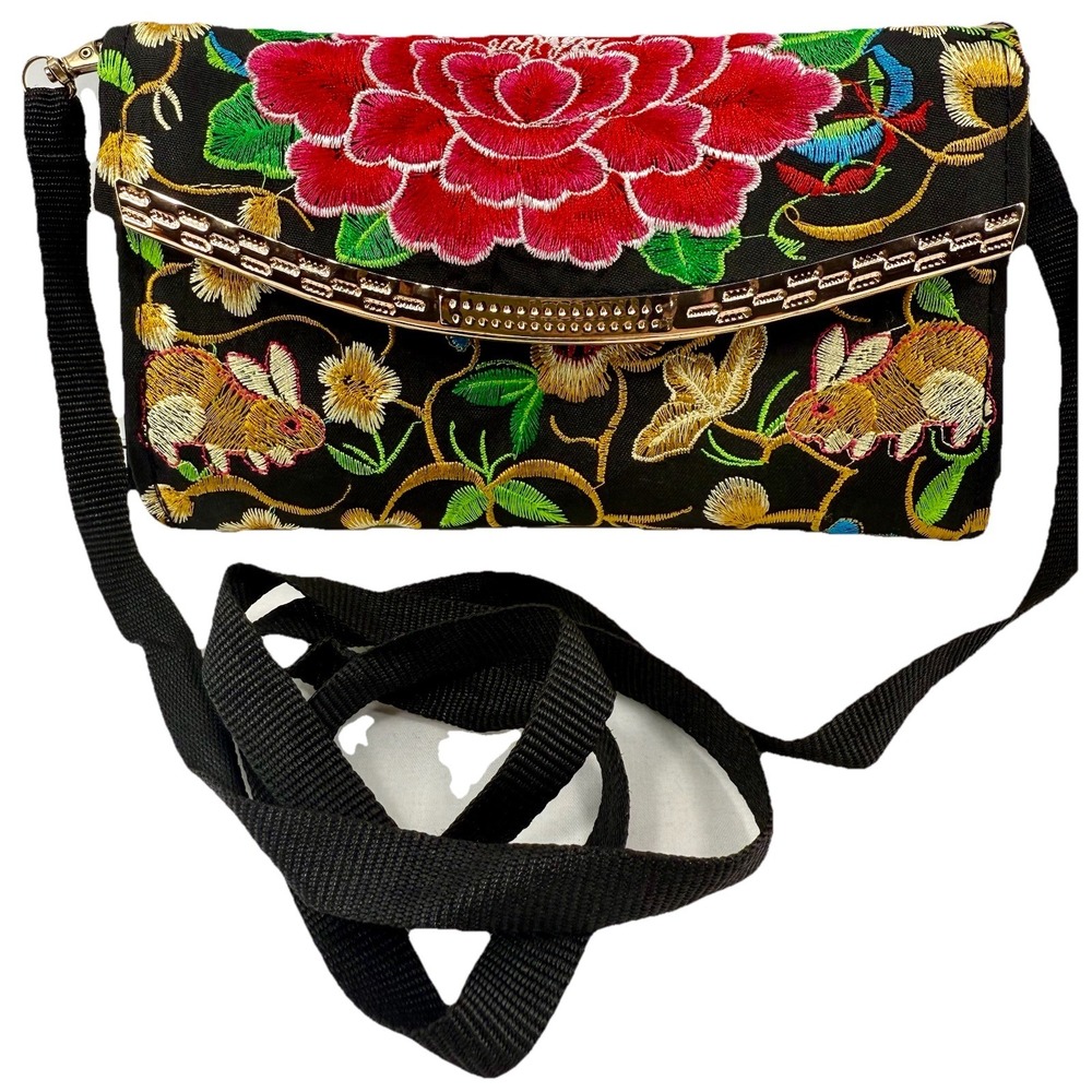 Floral Embroidered Black Fabric Clutch Purse w/ Rabbit Motif Crossbody Strap‎ - Picture 12 of 15